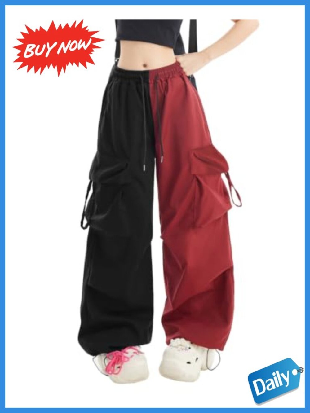 Women Cargo Pants 100% Polyester Y2K Baggy Wide Leg Drawstring